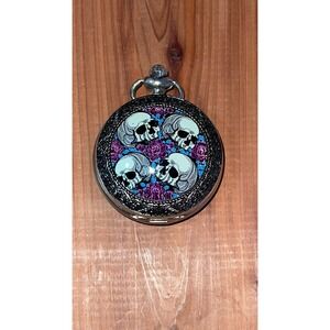 Skull & Roses Pocket Watch - Gothic Purple Floral Skeleton Charm Halloween Gift